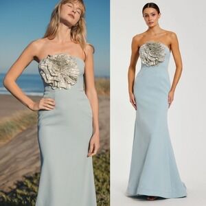 Mac Duggal NEW Blue Strapless Trumpet‎ Gown w/ 3D Rhinestone Flower $598 Size 4